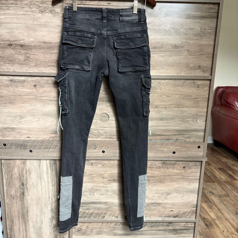 Serenede 28 Black Cargo Skinny Jeans Turquoise Patches Bungees Sporty Edgy Punk - Picture 7 of 14